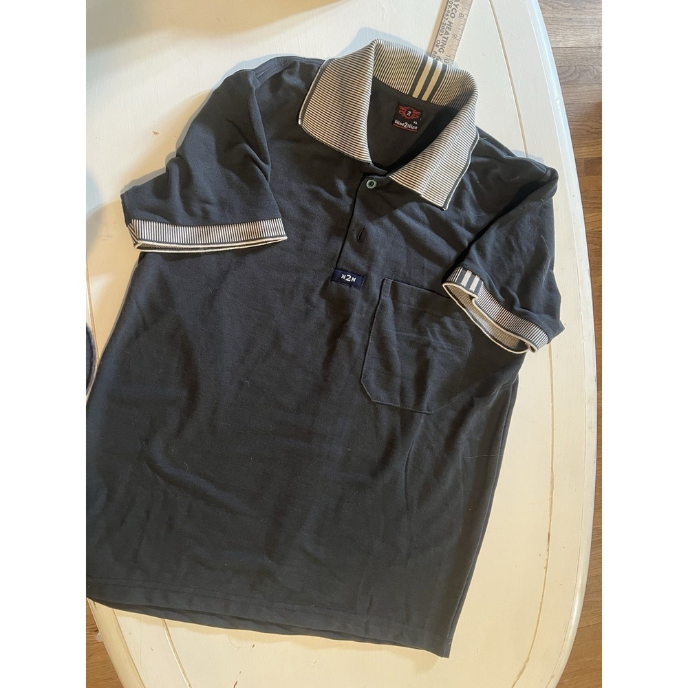 Nine2Nine N2N Mens XL Polo Shirt Navy Striped Collar Pocket Y2K Retro